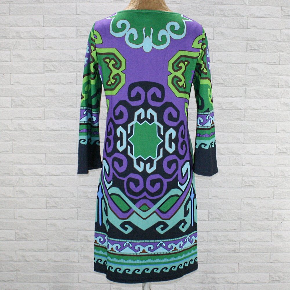 ARYEH Dress Shift Colorful Stretch Greek Key Swirl Mirror Image Purple Small - Picture 5 of 16